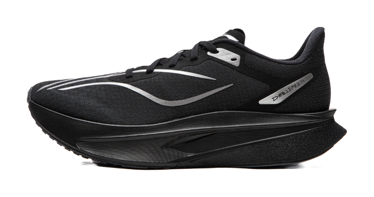 Li-Ning Feidian 6 running shoe in black with white accents; lace-up mesh upper.