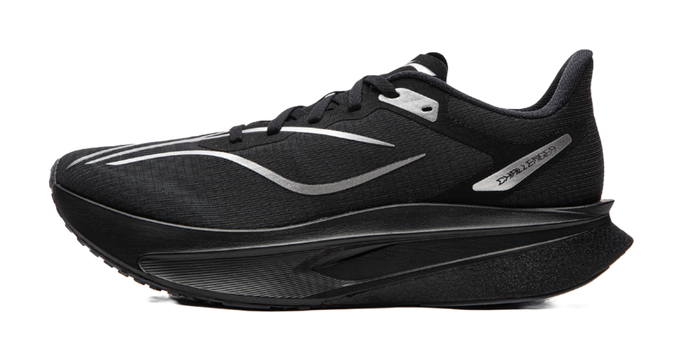 Li-Ning Feidian 6 running shoe in black with white accents; lace-up mesh upper.