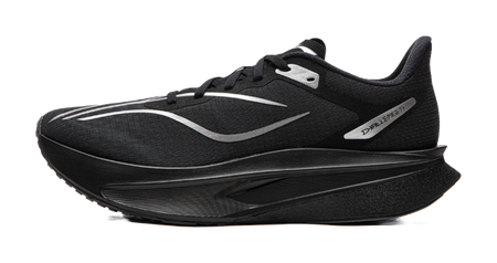 Li-Ning Feidian 6 running shoe in black with white accents; lace-up mesh upper.