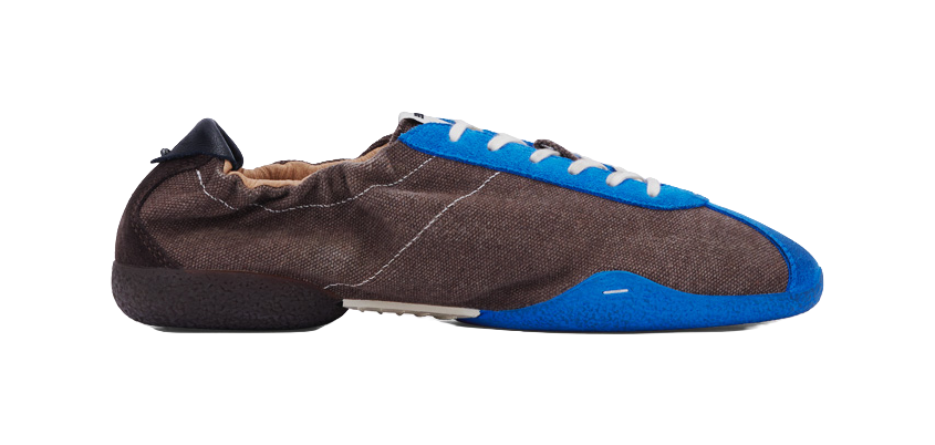 Low-top sneakers, brown upper with blue edge stripe and blue outsole