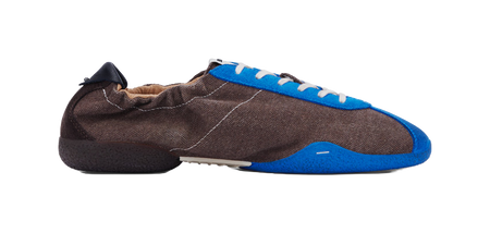 Low-top sneakers, brown upper with blue edge stripe and blue outsole