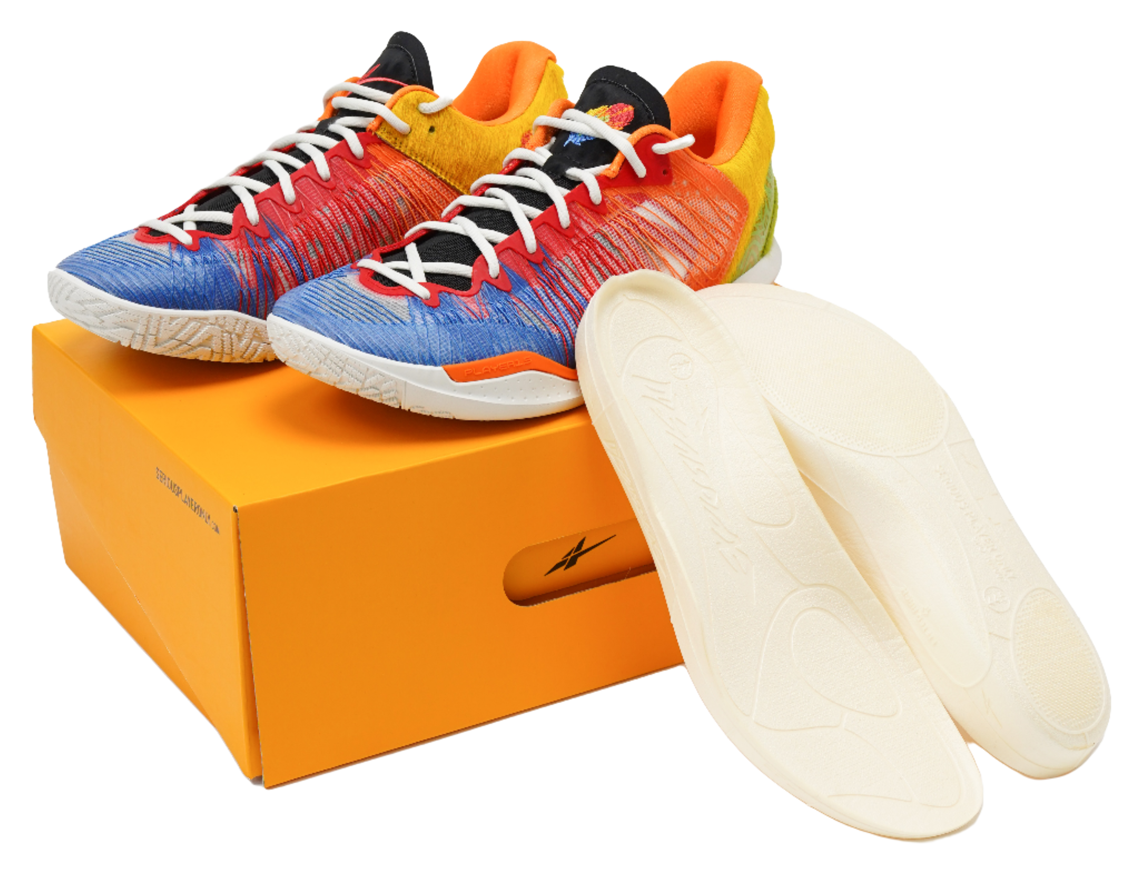 Multicolor low-top basketball shoes on an orange box with Nike swoosh on insole