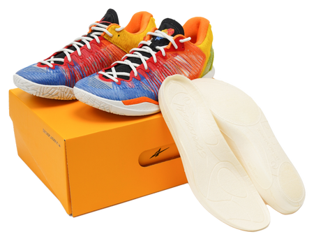 Multicolor low-top basketball shoes on an orange box with Nike swoosh on insole