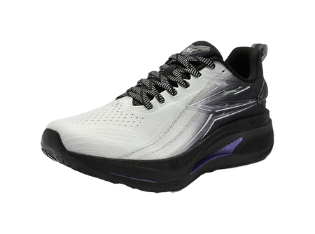 Men's low-top running shoes, gray upper with black sole and purple side panel, lace-up
