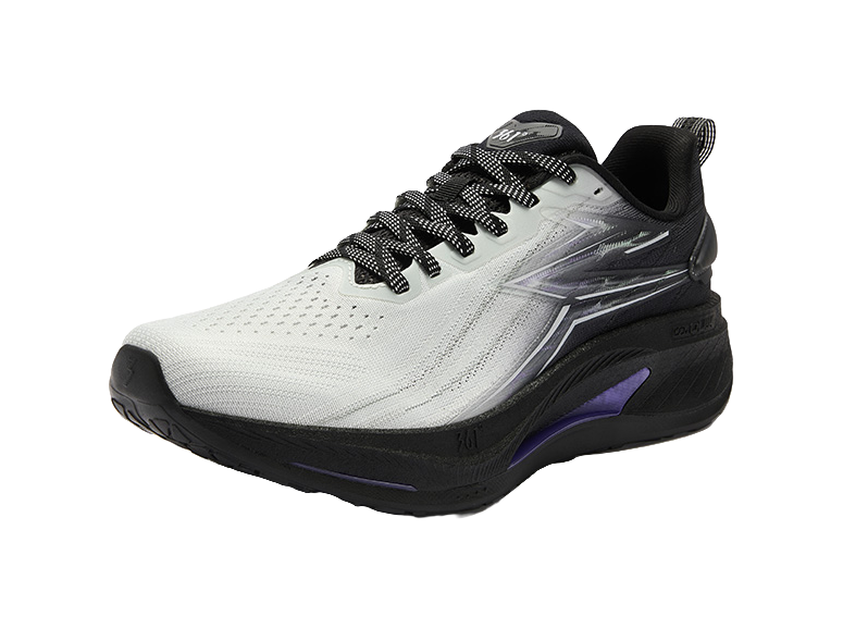 Men's low-top running shoes, gray upper with black sole and purple side panel, lace-up