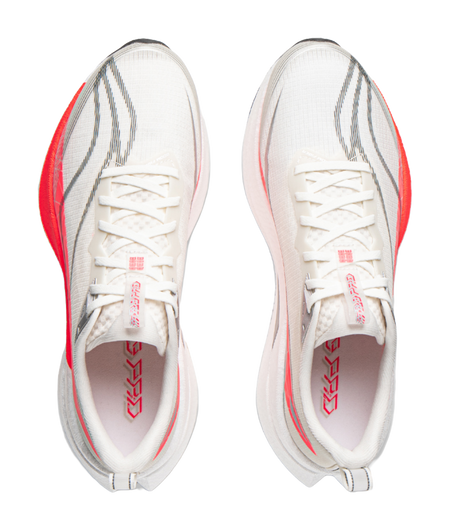 Li-Ning running shoe pair, white laced uppers with red trim and breathable knit texture
