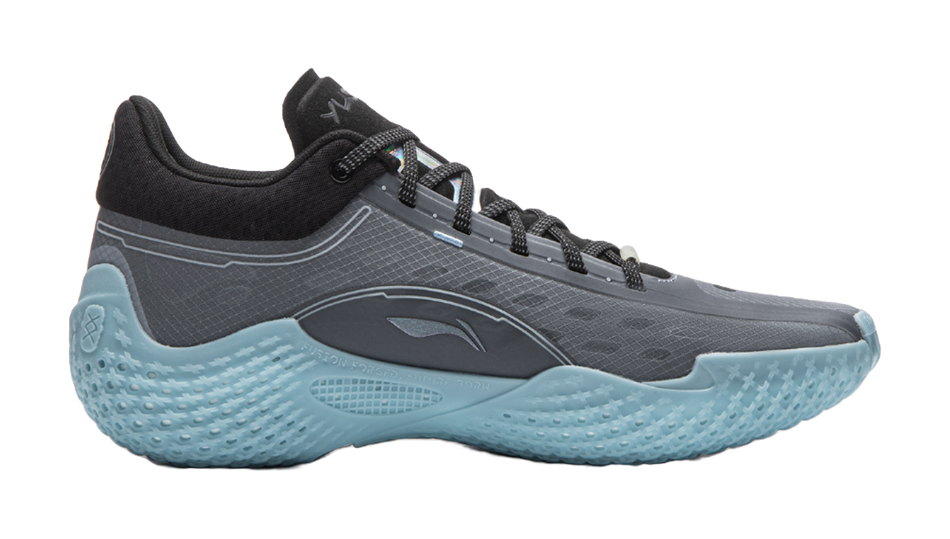 Men's mid-top basketball shoes with blue-gray upper, black collar, light blue outsole