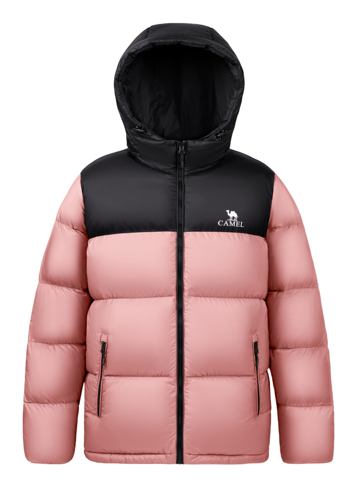 Men's hooded two-tone puffer down jacket in pink and black with front zip and side zips