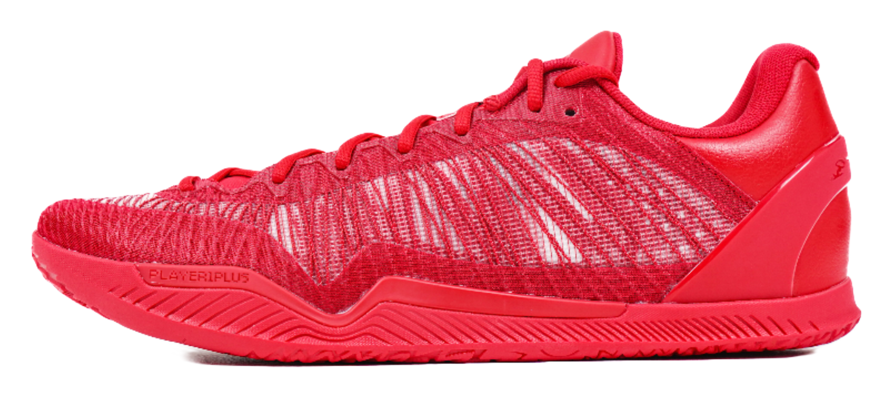 Red basketball shoe with knit upper, lace-up front, and red rubber outsole