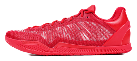 Red basketball shoe with knit upper, lace-up front, and red rubber outsole