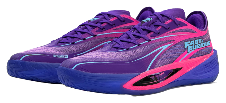 Purple lace-up basketball shoe with pink side stripe, blue midsole, and 'Fast & Furious' text