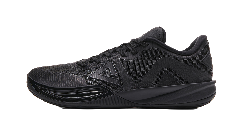 All-black lace-up basketball shoe with mesh upper and rubber outsole