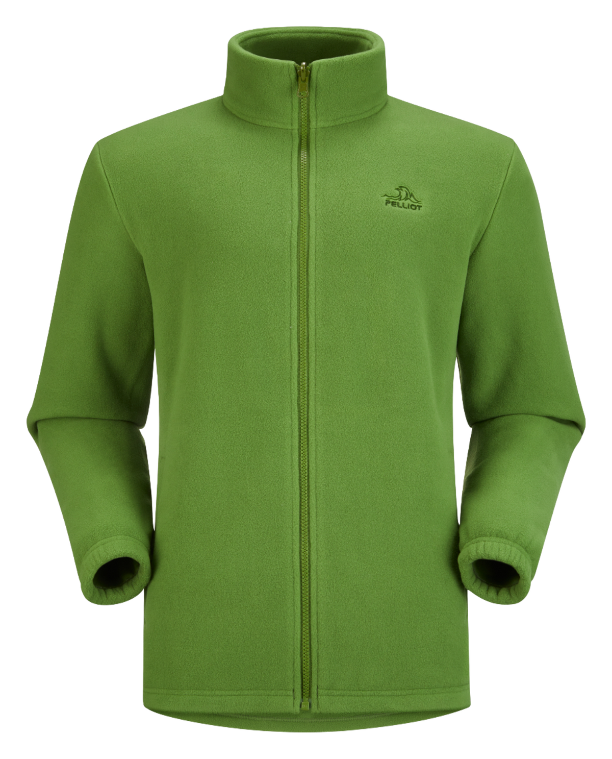 Men's green zip-up fleece jacket with full-length zipper and stand collar