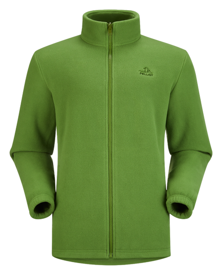 Men's green zip-up fleece jacket with full-length zipper and stand collar