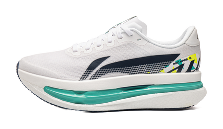 White knit running shoe with dark blue side panel and teal midsole