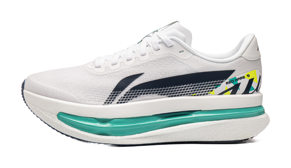 White knit running shoe with dark blue side panel and teal midsole