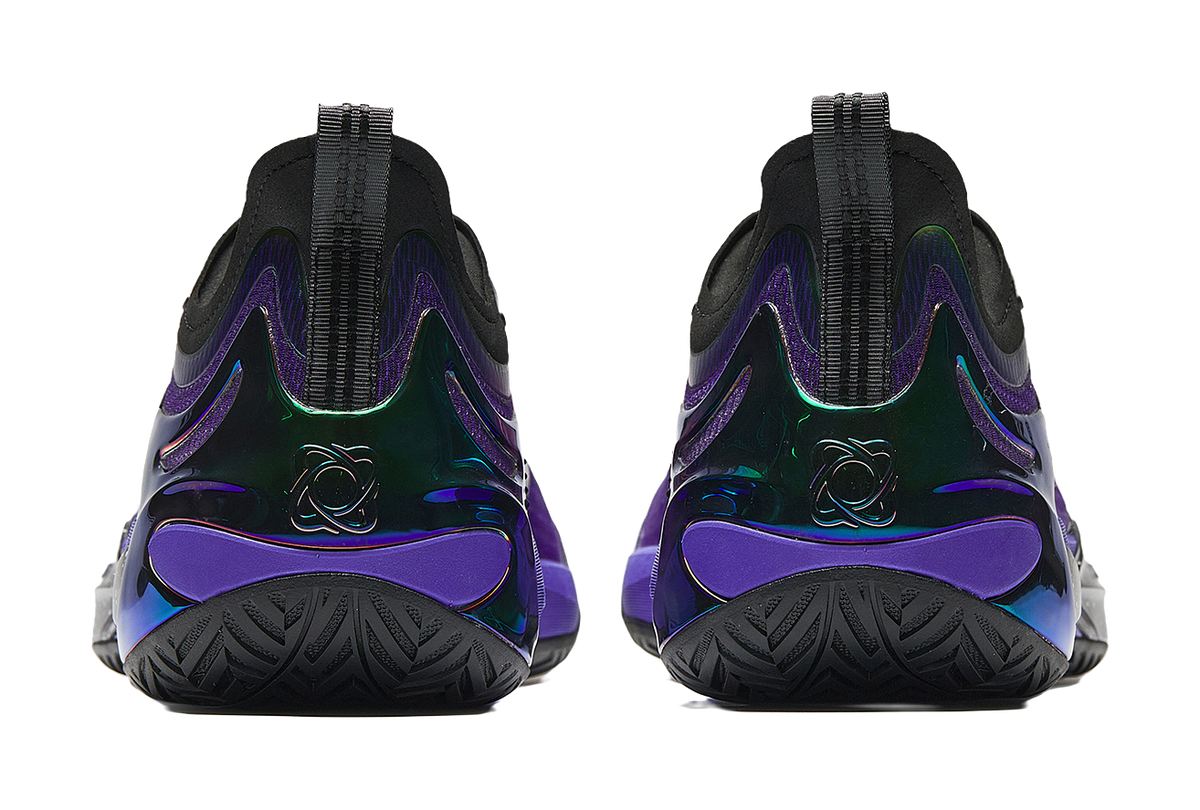 ANTA mens low-top basketball shoes with purple heel panel, green accents, and black collar