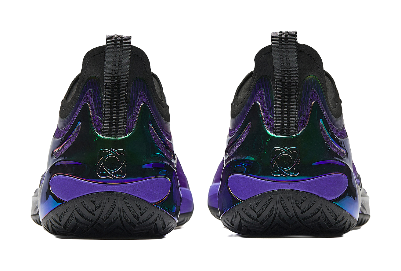 ANTA mens low-top basketball shoes with purple heel panel, green accents, and black collar