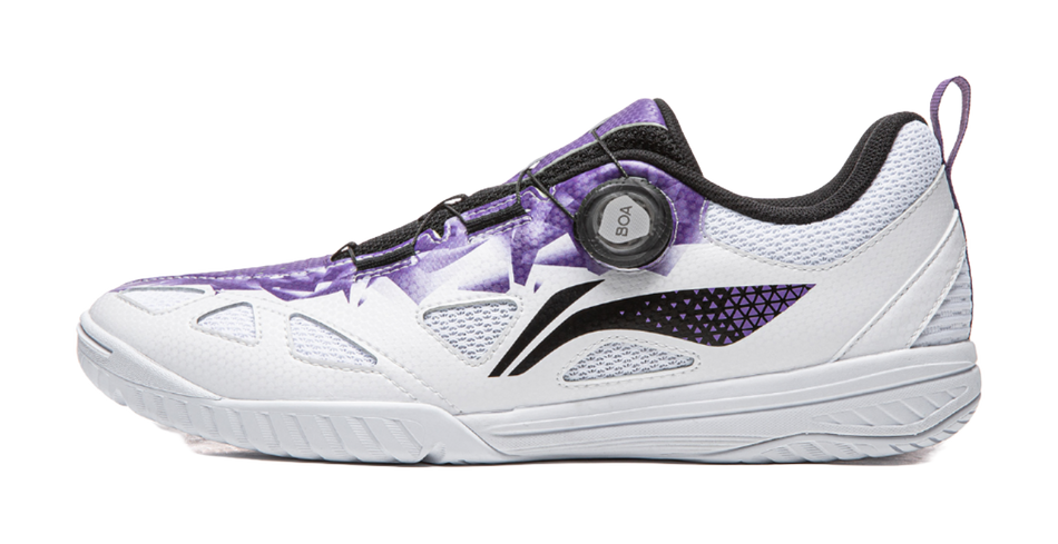 Unisex table tennis shoe in white with purple accents and BOA dial lacing