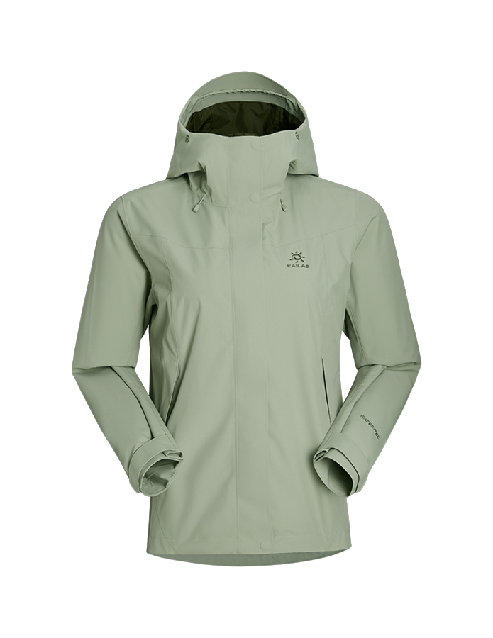 Women's windbreaker jacket in sage green, hooded with front zipper and drawstring hem