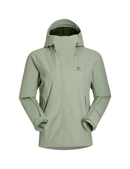 Women's windbreaker jacket in sage green, hooded with front zipper and drawstring hem