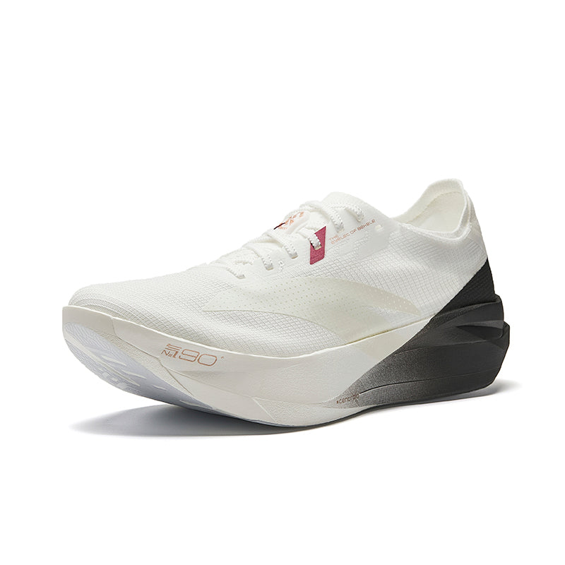Marathon racing shoe with white upper, black midsole panel, and side logo