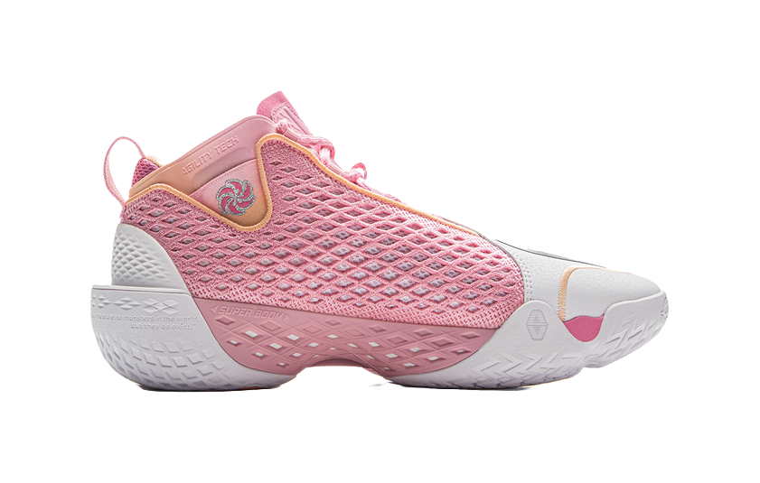 Pink high-top basketball shoe with white midsole, mesh knit, and ankle strap