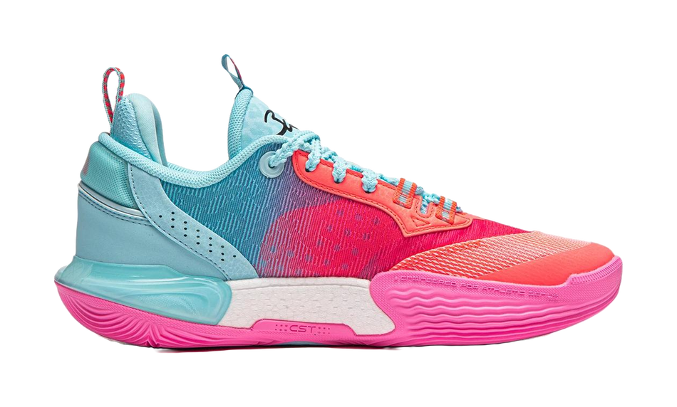 Blue and pink youth basketball shoe, side view with bold midfoot panel