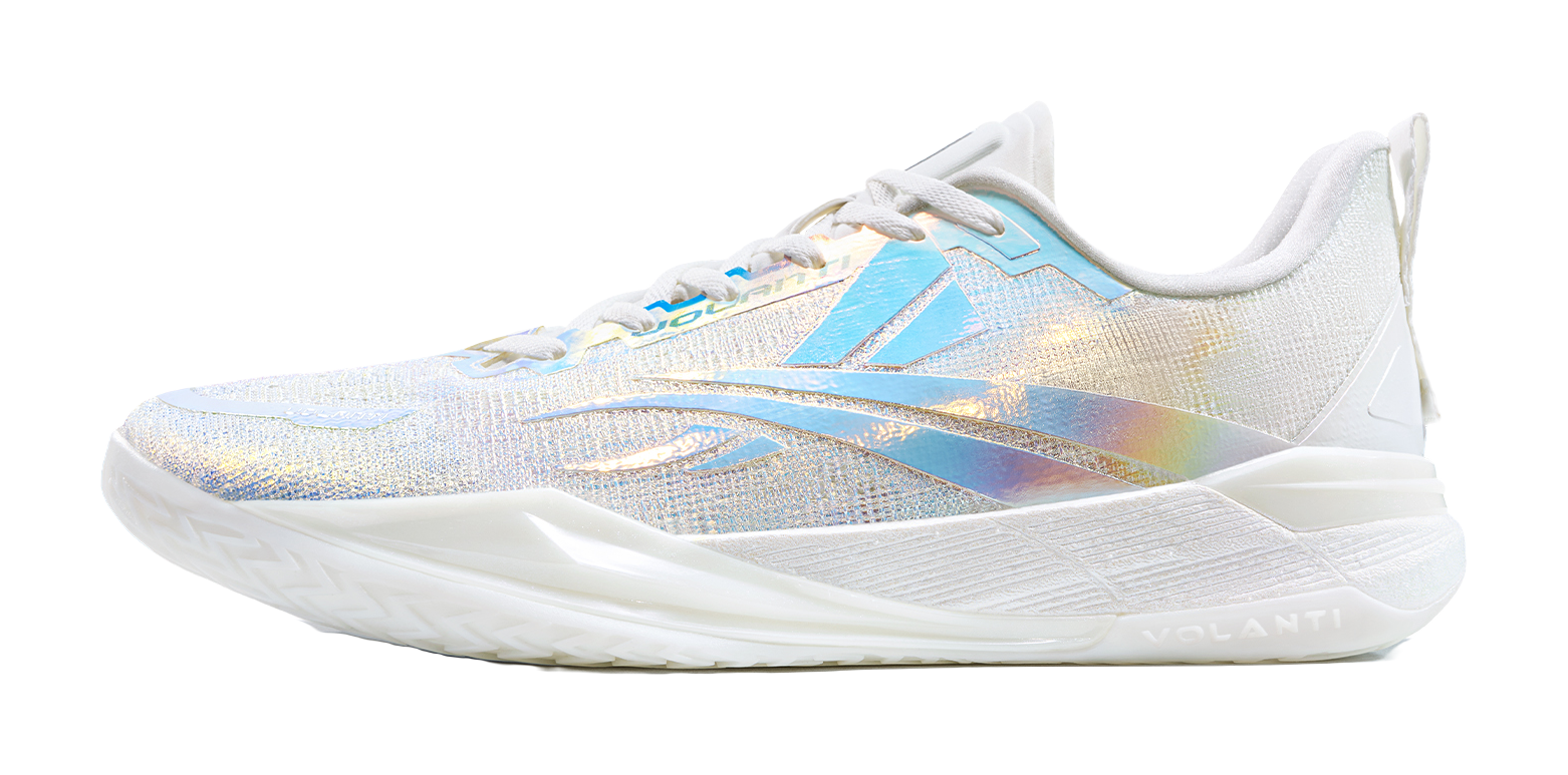 Low top basketball shoes in white and light blue with iridescent texture, lace-up.