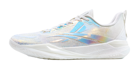 Low top basketball shoes in white and light blue with iridescent texture, lace-up.