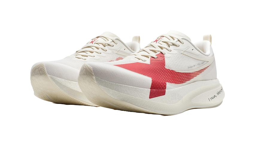 Pair of low-top running shoes, white uppers with red cross logo and cushioned sole.