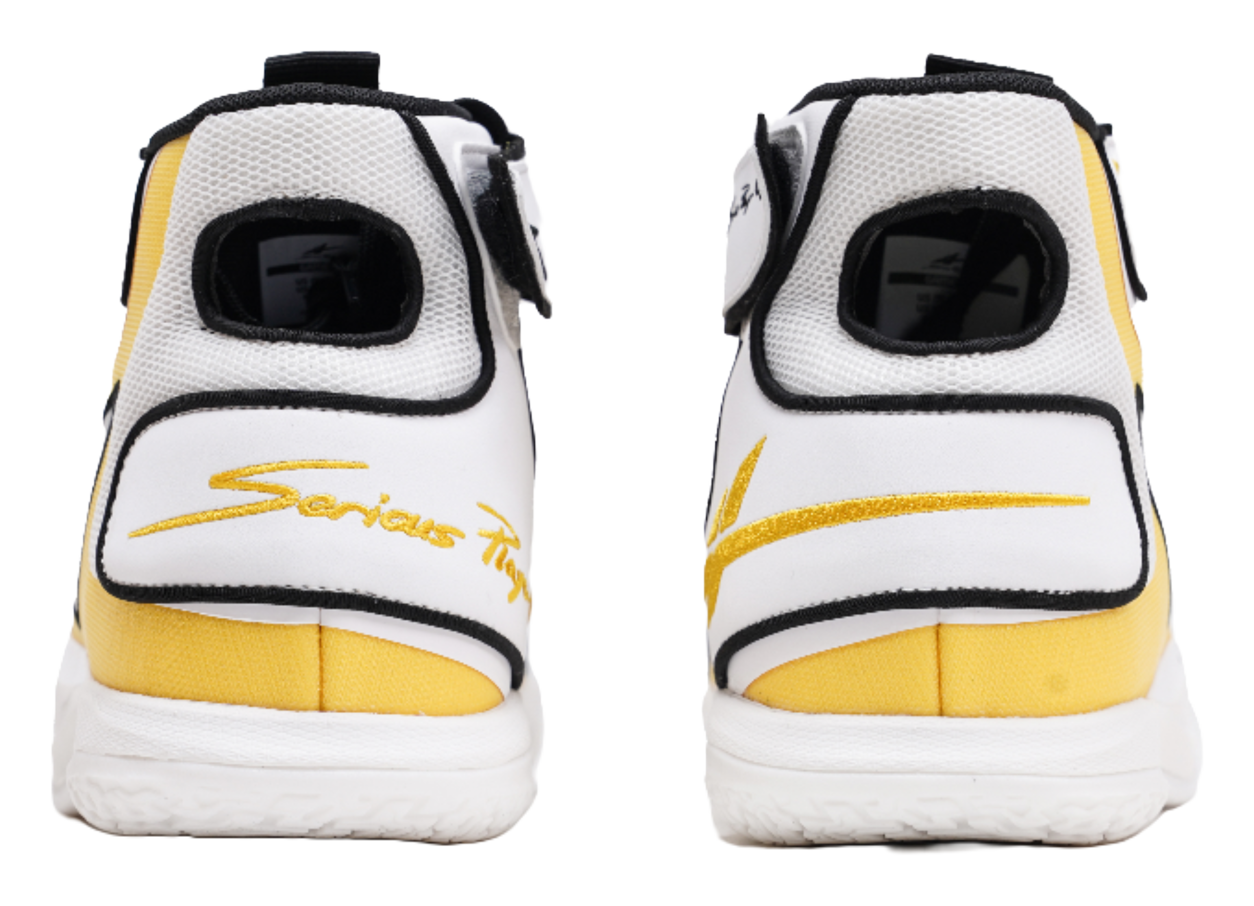 High-top basketball shoe heel view, white with yellow stripe and black collar trim