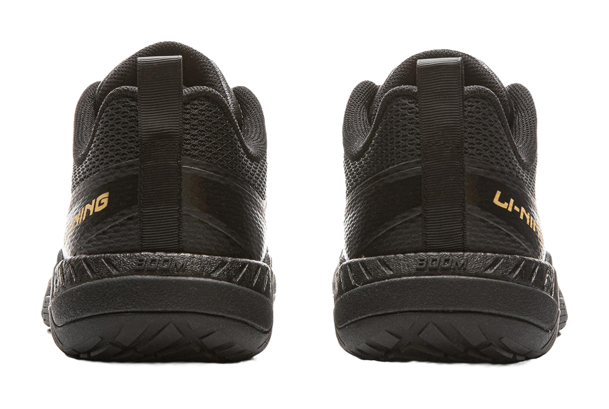 Li-Ning table tennis shoes, black heel with elastic pull tab and rear logo branding