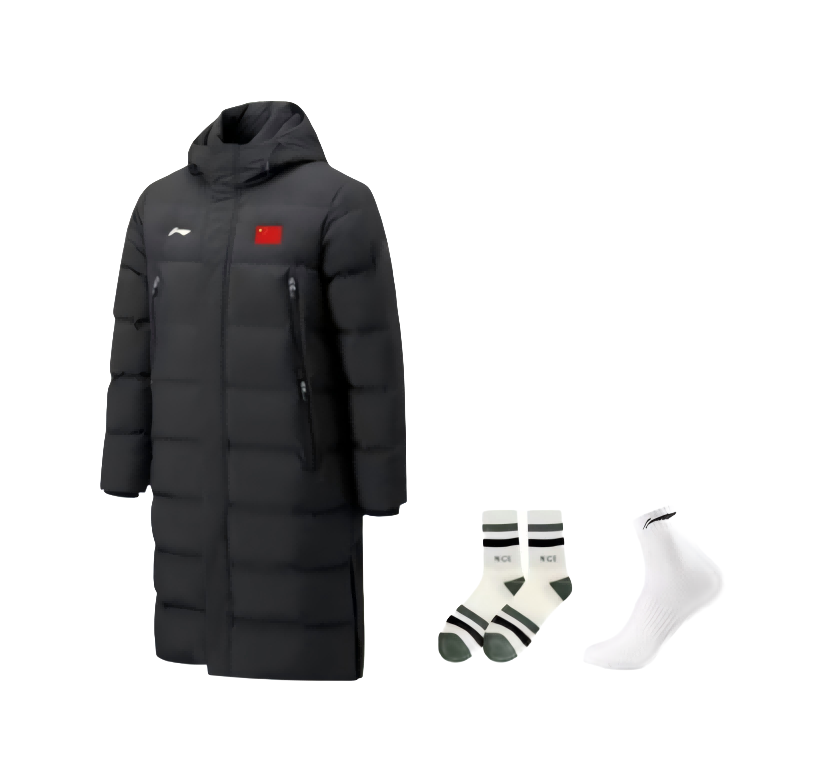 Black hooded long down puffer coat with zipper and side pockets; includes white socks