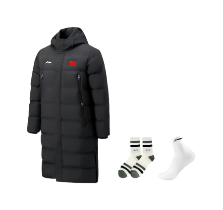 Black hooded long down puffer coat with zipper and side pockets; includes white socks