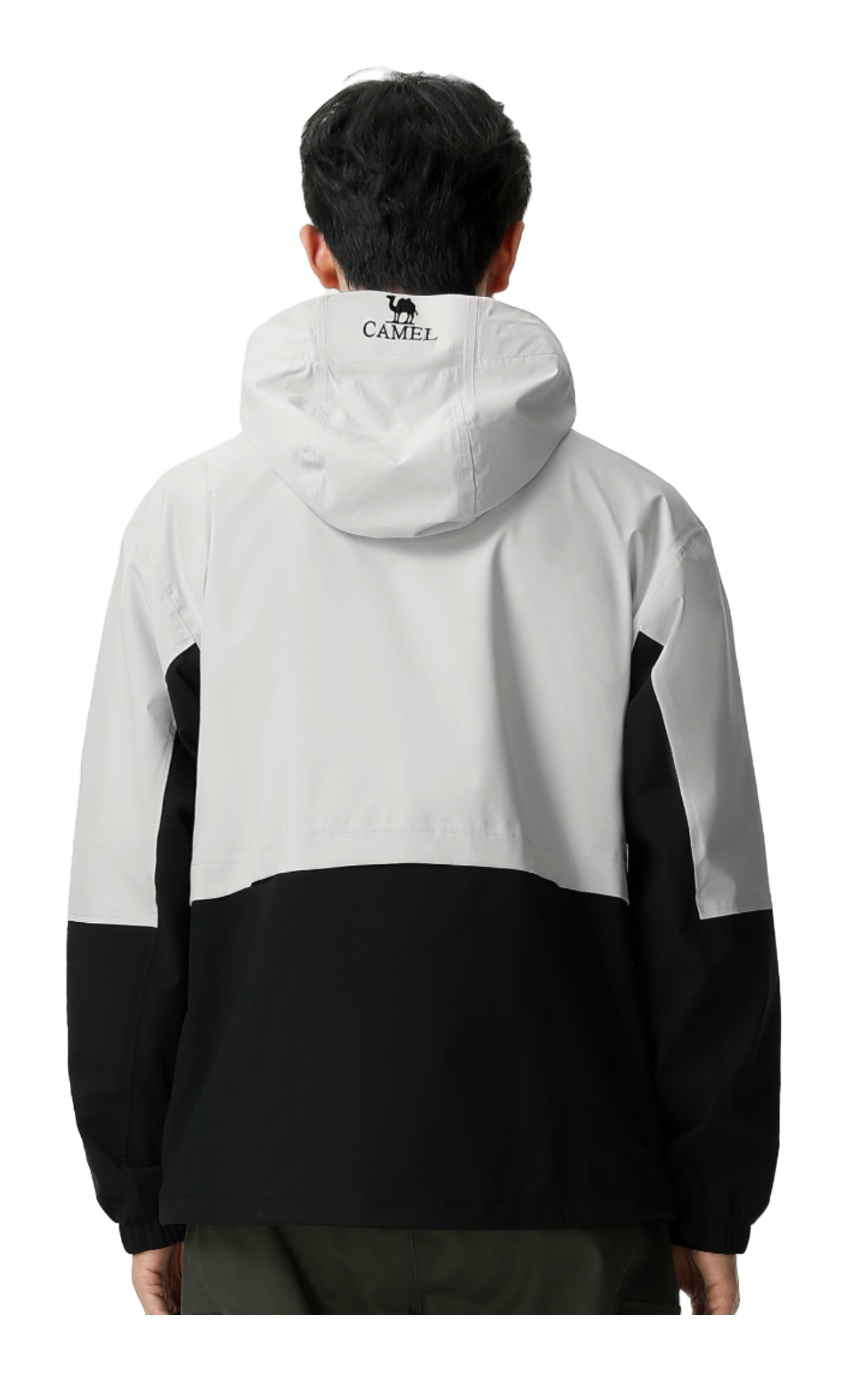 Men's white and black colorblock windbreaker jacket with hood, rear view