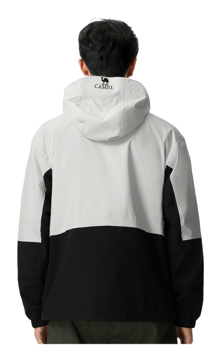 Men's white and black colorblock windbreaker jacket with hood, rear view