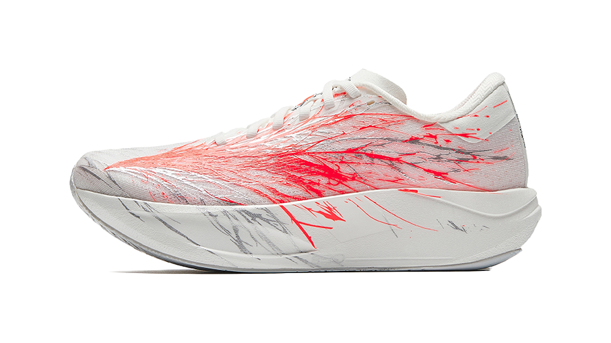 Women's low-top running shoes in white with red graphic accents and lace-up