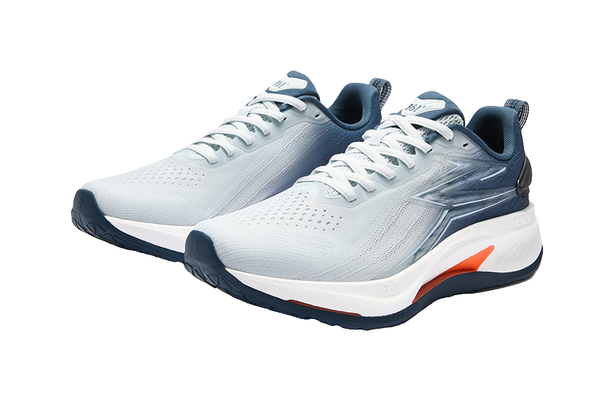 Pair of men's low-top running shoes in light blue with white midsoles and orange heel stripe