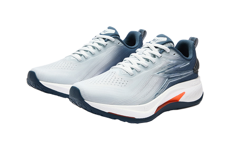 Pair of men's low-top running shoes in light blue with white midsoles and orange heel stripe