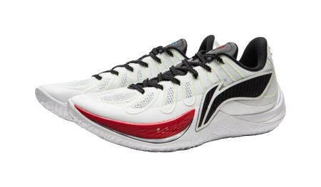 Li-Ning basketball shoe with white upper, black laces, black side trim, red accent midsole