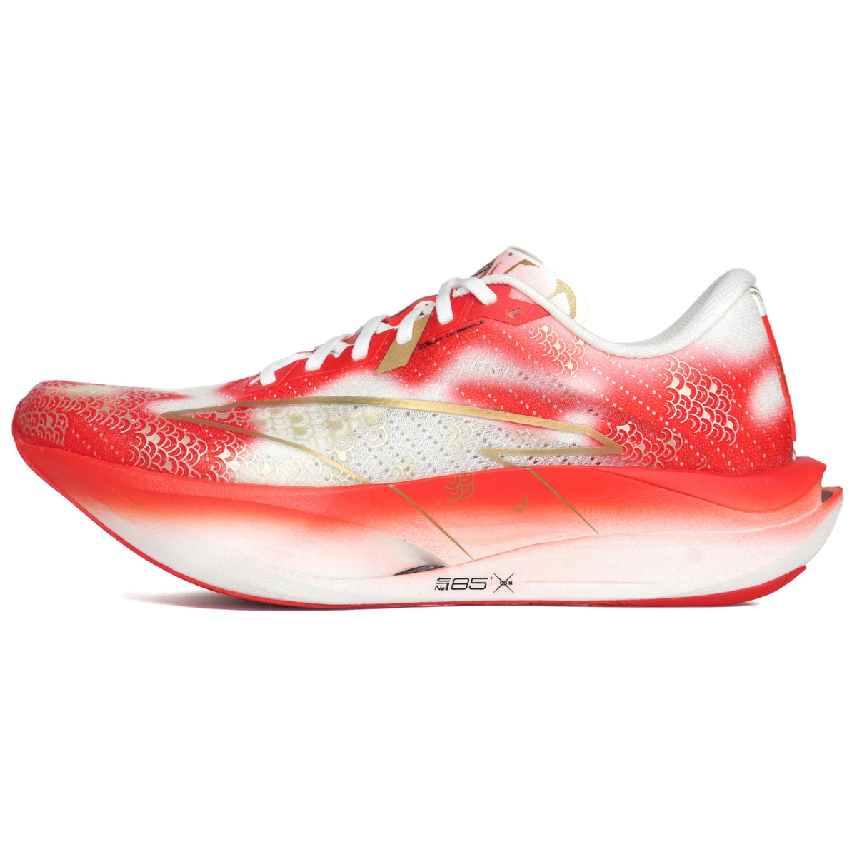 Women’s running shoes in red/orange with koi scale print and gold stripe, lace-up