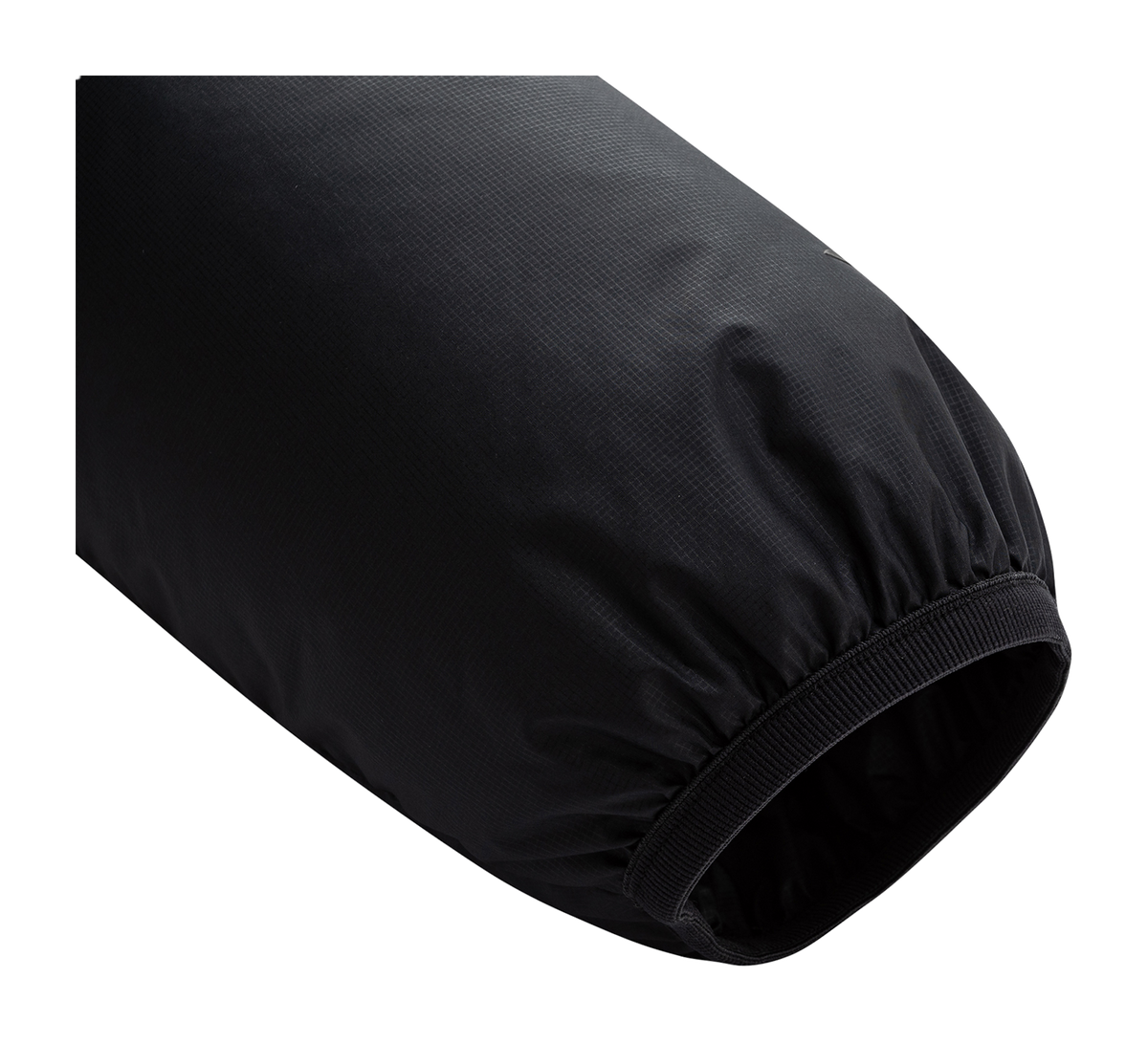 Black padded jacket sleeve with ribbed elastic cuff.