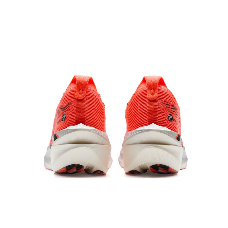 Marathon racing shoe pair viewed from heel: orange back with white midsole and grey details
