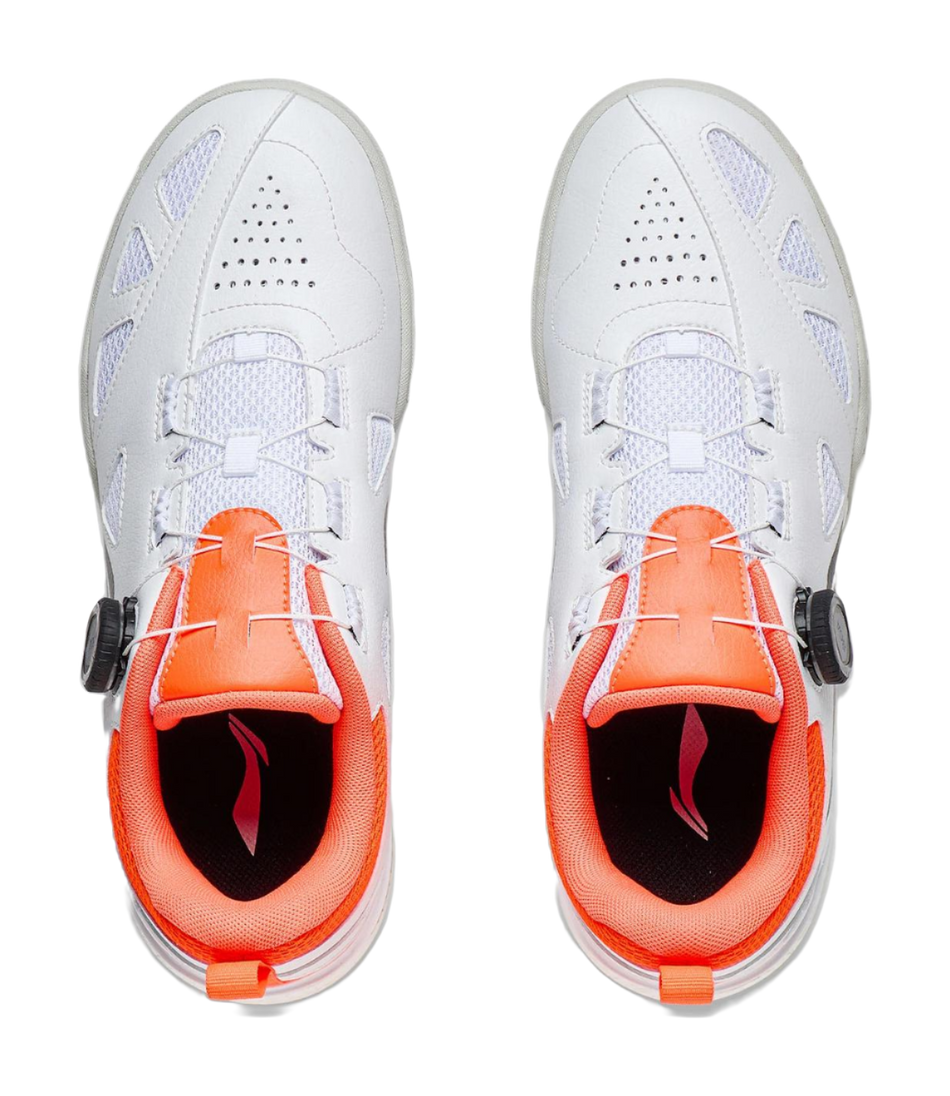 Li-Ning table tennis shoe pair, white uppers with orange heel lining and black logo