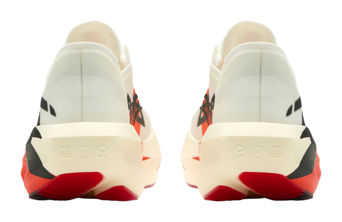 Pair of men's low-top running shoes, heel view in white with red and black details