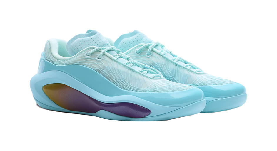 Men's basketball shoes, light blue lace-up with textured overlays and purple side panel