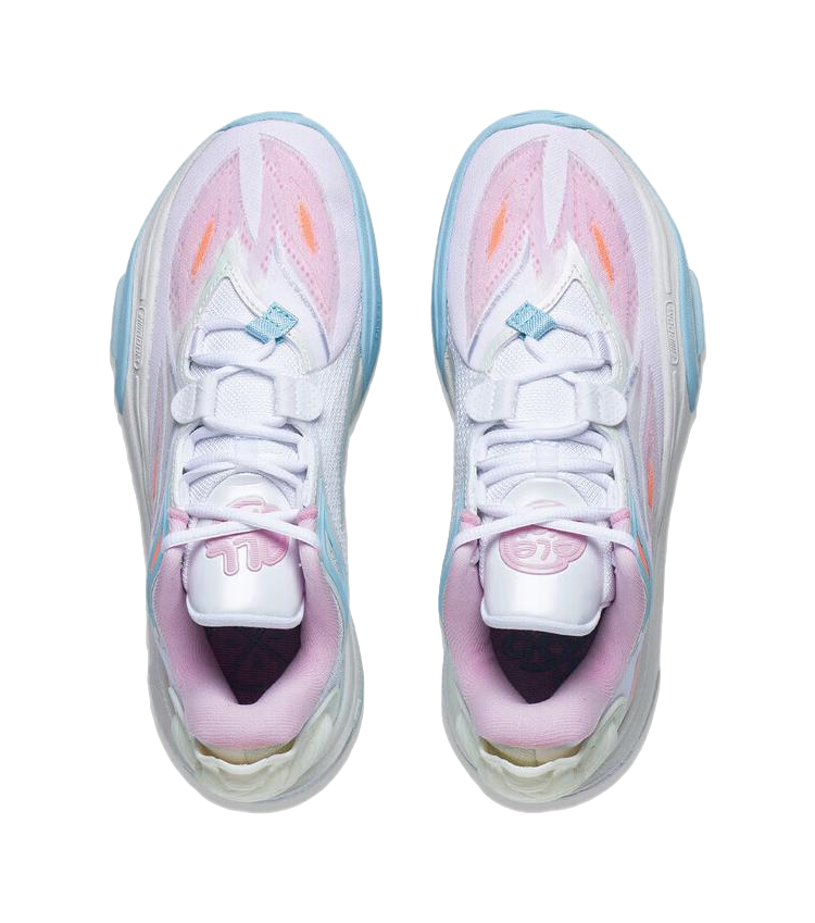 Kids low-top sports sneakers in white with pink and light blue, lace-up and cushioned