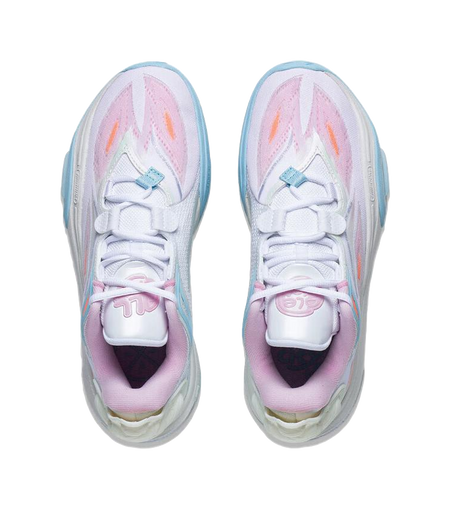 Kids low-top sports sneakers in white with pink and light blue, lace-up and cushioned