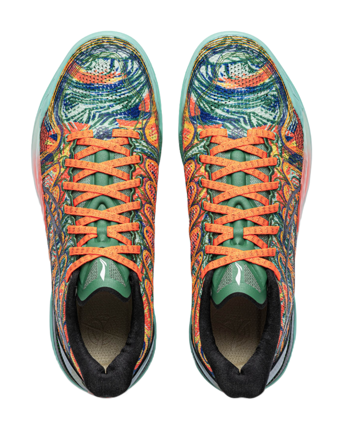 Pair of men's low-top basketball shoes with multicolor laces and green lining.